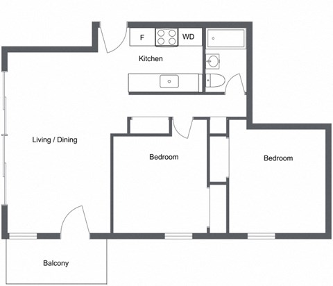Floor plan for 2 beds, 1 bath, 648 sqft